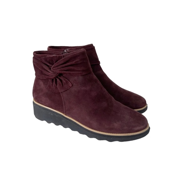 Clarks Shoes - Clarks Collection Suede Burgundy Ankle Boots with Bow - Sharon Salon